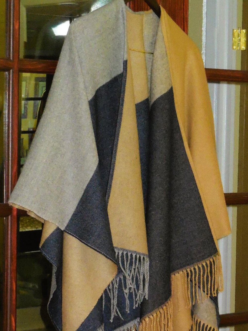 Ruana Cape Shawl Poncho Reversible Navy Camel Gray One size